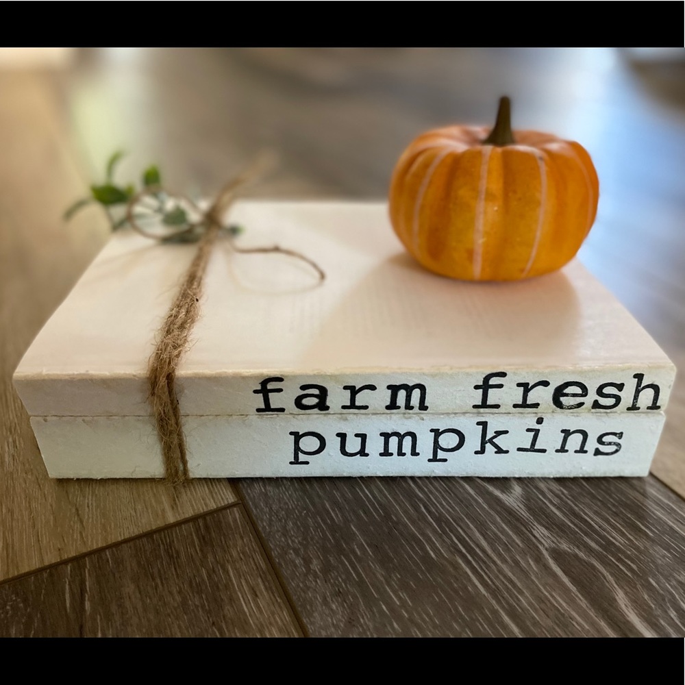 Fall Farmhouse hand stamped book stack home decor
